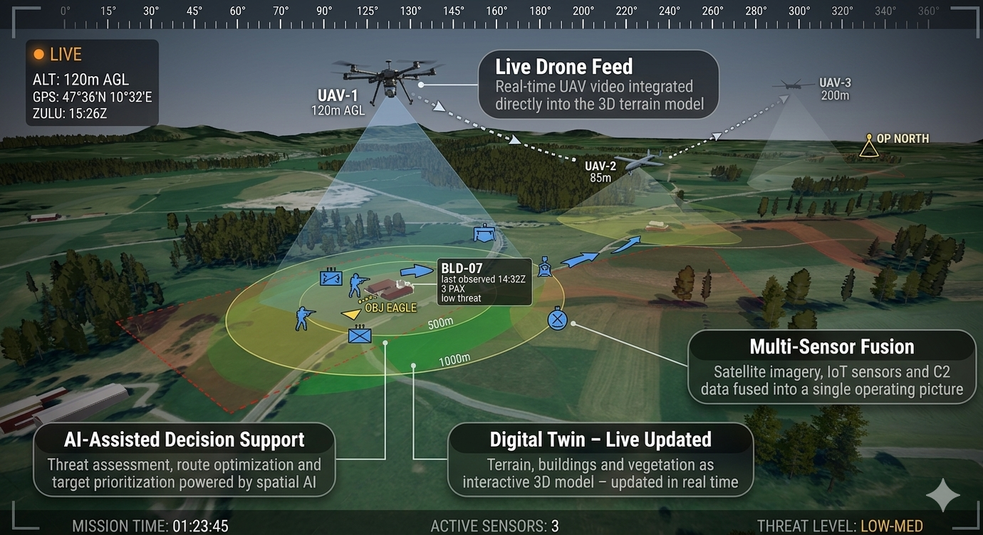 Live-Lagebild: Drohnen-Feed, Multi-Sensor-Fusion, dynamischer digitaler Zwilling und KI-gestützte Entscheidungsunterstützung in einem gemeinsamen 3D-Bild.