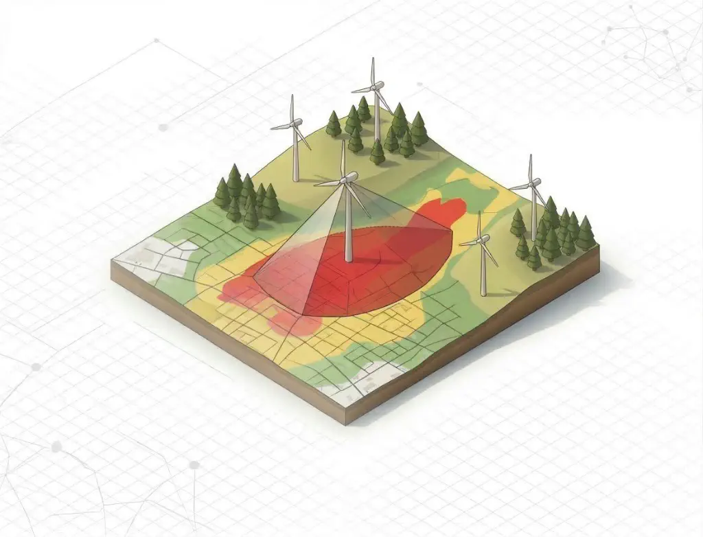 Isometrische Darstellung einer Sichtbarkeitsanalyse für Windkraftanlagen