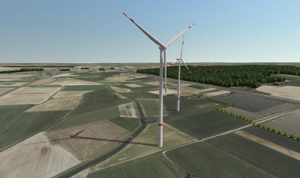 3D-Visualisierung geplanter Windkraftanlagen in der Landschaft